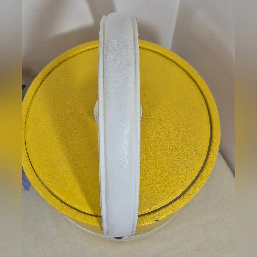 Vintage MCM Vinyl Ice Bucket Yellow with White Diamond Cutouts